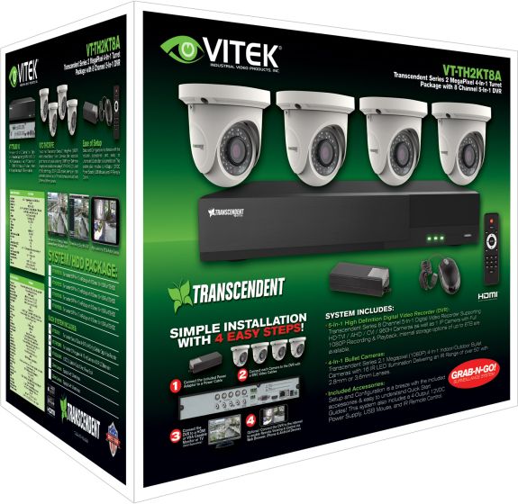 Vitek VT-TH2KT82TA-2 8 Channel 1080P 4-IN-1 (TVI/AHD/CVI/CVBS) DVR, 2TB with 4 X 2 Megapixel Turret/Ball Cameras, 2.8mm VT-TH2KT82TA-2 by Vitek