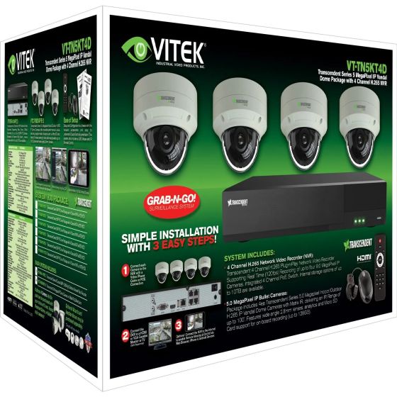 Vitek VT-TN5KT410TD-2 4 Channel Transcendent 10TB IP PoE NVR with 4 x 5 Megapixel H.265 IP Vandal Dome Cameras VT-TN5KT410TD-2 by Vitek