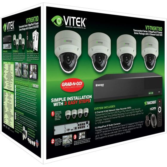 Vitek VT-TN5KT810TD-2 8 Channel Transcendent 10TB IP PoE NVR with 4 x 5 Megapixel H.265 IP Vandal Dome Cameras VT-TN5KT810TD-2 by Vitek