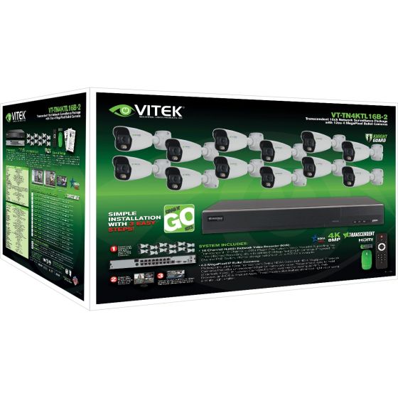 Vitek VT-TN4KTL164TB-2 16 Channel 4 Megapixel 4TB IP PoE NVR with 12ea H.265 IP Bullet Cameras, 2.8mm Lens VT-TN4KTL164TB-2 by Vitek