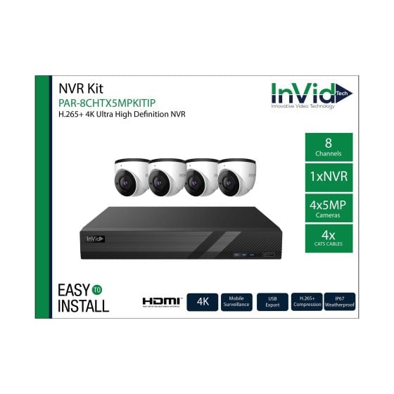 InVid PAR-8CHTX5MPKITIP 8 Channel NVR with 4 5MP Cameras 4 Cables NDAA Compliant PAR-8CHTX5MPKITIP by InVid