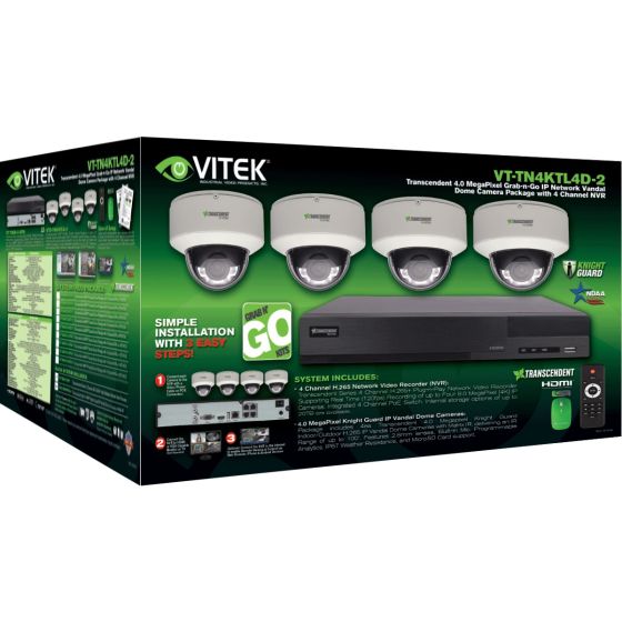 Vitek VT-TN4KTL412D-2 4 Channel Surveillance Package, Transcendent NVR, 12TB and 4ea 4 MP Dome Cameras with 2.8mm Lens, Cable not included VT-TN4KTL412D-2 by Vitek