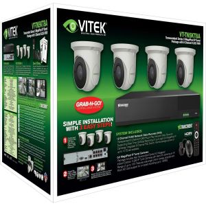 Vitek VT-TN5KT812TA-2 8 Channel PnP IP Surveillance Package NVR, 12TB with 4ea 5.0 Megapixel Turret/Ball Cameras, 2.8mm Lens